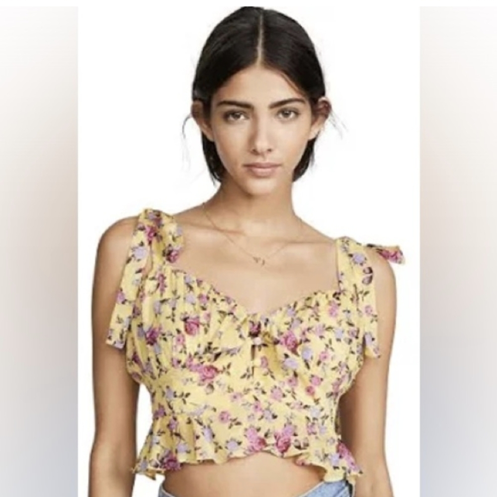 For Love & Lemons Yellow Floral Tie-Shoulder Crop Top Sz S